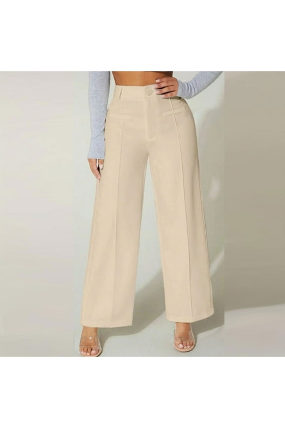 Wide Leg Womens Pants Dressy Khakis Work Trousers High Waisted Plain Beige Full Length Pants with Pockets