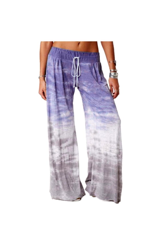 Wide Leg Womens Pants Flowy Boho Palazzo Drawstring Gradient Low Rise Full Length Purple Pants with Pockets