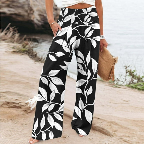 Sakmal Wide Leg Womens Pants Palazzo Boho Elastic Waist High Waisted Floral Black Pants with Pockets