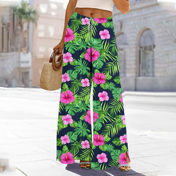 Sakmal Wide Leg Womens Pants Tropical Flowy Beach Palazzo Hawaiian High Waisted Full Length Green Pants with Pockets