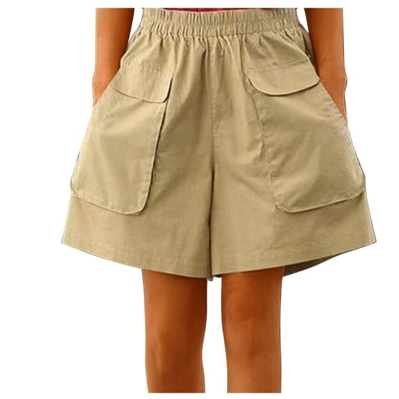 Sakmal Wide Leg Womens Shorts Khaki Yellow Cargo Solid 6" High Waisted Shorts with Pockets