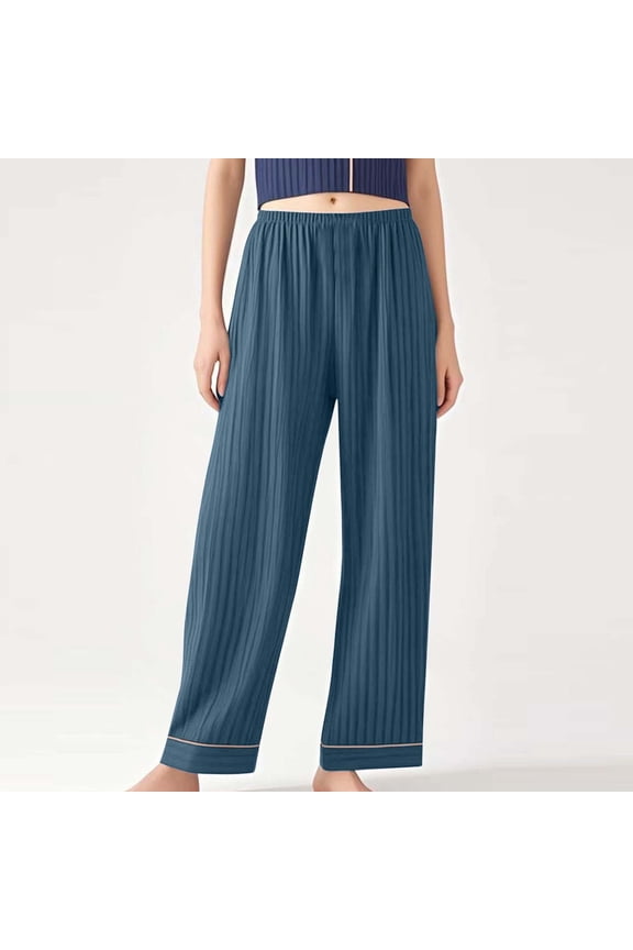 Wide Leg Womens Sleep Pants Plus Size Cotton Pajama Bottoms Blue Lightweight Ladies Sleep Pants L