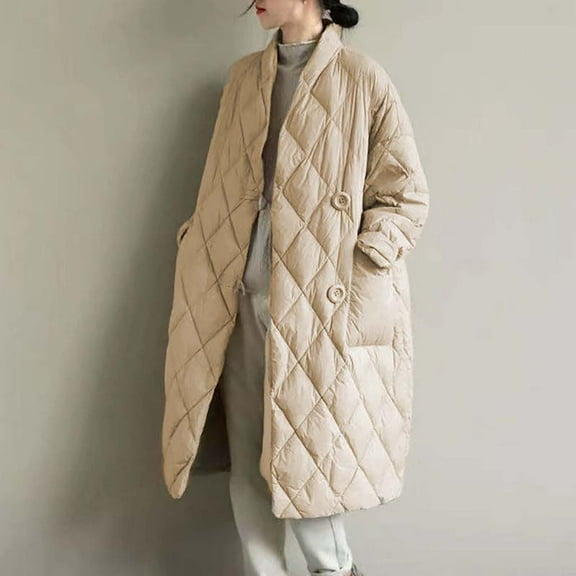 Sakmal Puffer Jackets for Women Plus Size Packable Winter Quilted Coats Warm Beige Long Jackets for Women L