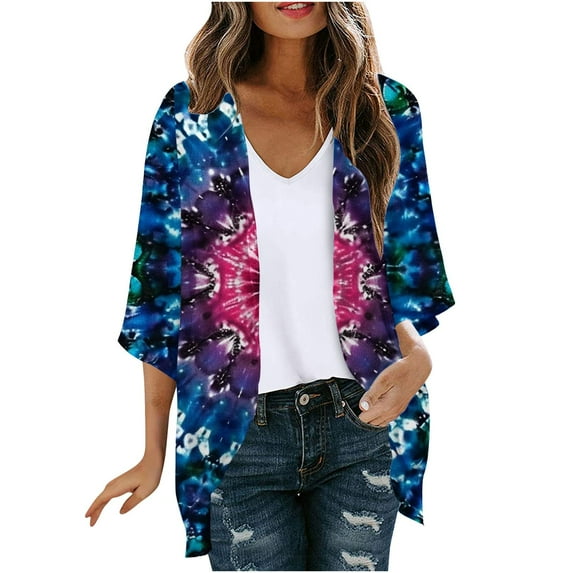 Sakmal Winter Coats for Women Lightweight Elbow-Length Cover-Up Loose Fit Cardigan Comfy Tie Dye Chiffon Womens Jackets and Coat