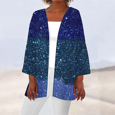 Sakmal Winter Jacket for Women Cover-Up Elbow-Length Blue Glitter Flowy Loose Fit Cardigan Jackets for Women Plus Size