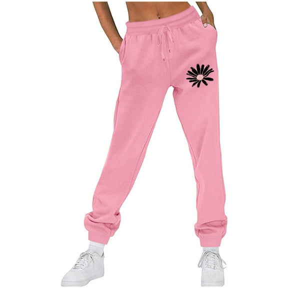 Sakmal Winter Pants for Women Joggers Athleisure Sweatpants Pink Full Length High Waisted Floral Pants with Pockets