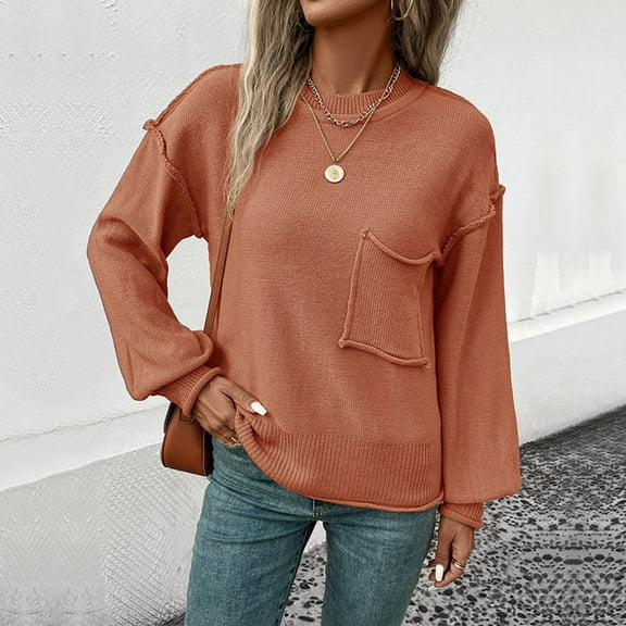 Sakmal Winter Sweater for Women Orange Crew Neck Plain Fashion Ladies Sweaters with Pockets