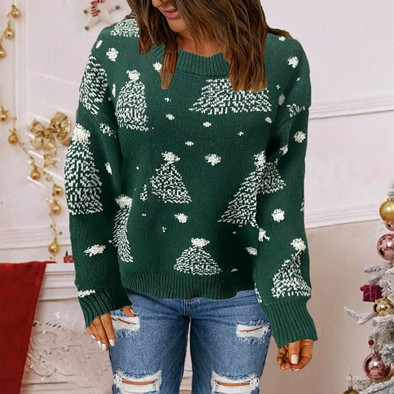 Sakmal Winter Sweaters for Women Trendy Christmas Green Ugly Holiday Streetwear Crew Neck Christmas Trees Print Womens Sweaters S