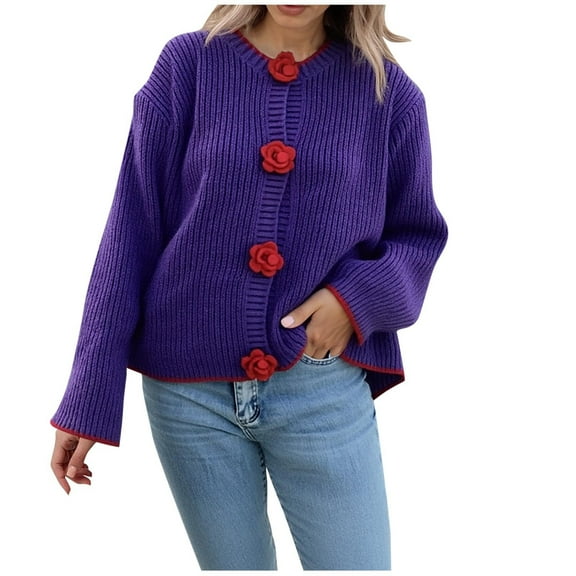 Sakmal Winter Womens Cardigan Sweaters Purple Cardigan Warm Outerwear Coat for Women M