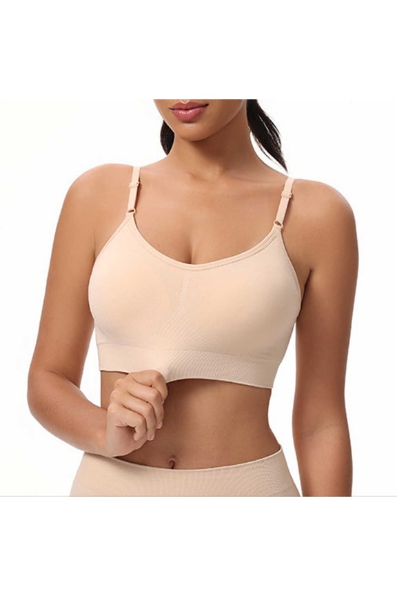 Wireless Ladies Sports Bras Plus Size Spaghetti Straps Seamless Solid Beige Yoga Ladies Sports Bras L
