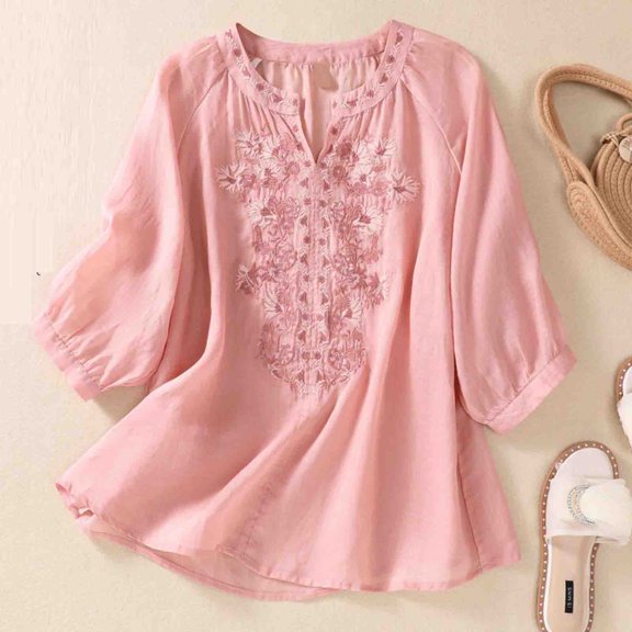 Sakmal Women Blouses 3/4 Sleeve Embroidered Flutter Pink Shirts V-Neck Blouses Tops for Women Trendy
