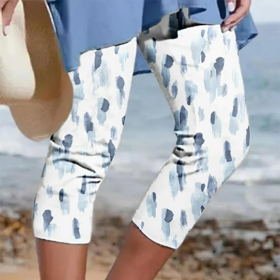 Sakmal Women Capris Comfy Slim Leg Blue Travel High Waisted Floral Cropped Capris with Pockets