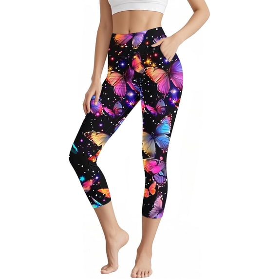 Sakmal Women Capris Workout Yoga Slim Leg Butterfly Print Mid Rise 7/8th Elastic Waist Capris
