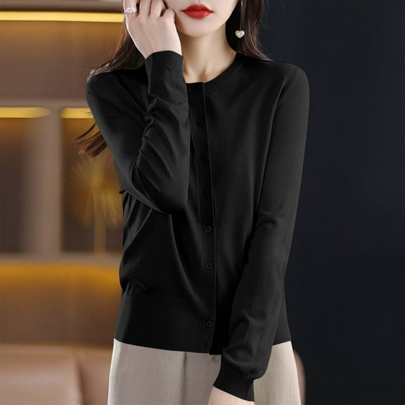 Sakmal Women Cardigan Sweater Cute Button Down Fashion Cardigan Solid Long Sleeve Black Sweater