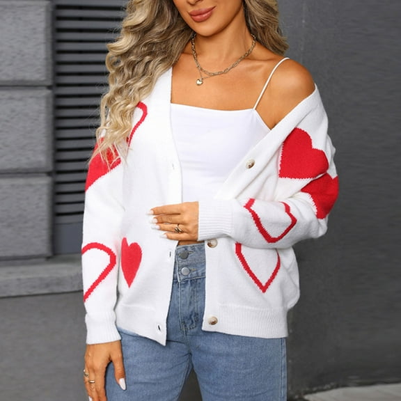 Sakmal Women Cardigan Sweater Lightweight Knitted Button Down Cardigan Long Sleeve White Heart Print Outwear Coat