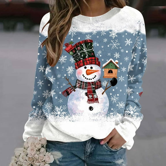 Sakmal Women Christmas Sweatshirts Blue Crew Neck Tops Snowmen Fashion Sweatshirt for Women