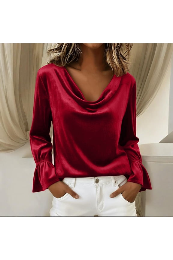 Women Cocktail Blouses Pleated Long Sleeve Red Shirts V-Neck Evening Blouses Spring Outfits for Women 2025