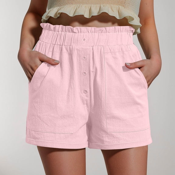 Sakmal Women Cotton Linen Shorts High Waisted Wide Leg Solid Pink Elastic Waist Ladies Shorts with Pockets