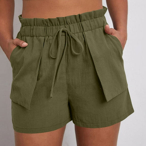Sakmal Women Cotton Linen Shorts Wide Leg High Waisted Comfy Solid Green Shorts for Women with Pockets