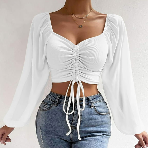 Sakmal Women Drawstring Blouses Flutter Mesh Long Sleeve White Shirts Crop Deep V-Neck Blouses Summer Tops for Women
