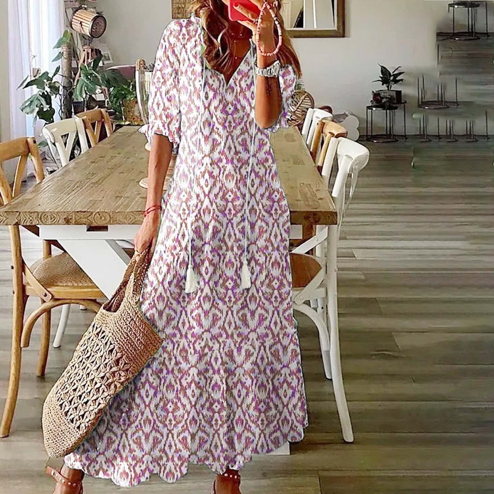 boho shift dress with sleeves Sakmal Womens Fashion Elbow-Length V-Neck Trendy Floral Long Boho Shift Dresses Dresses Dresses for Ladies, Women's, Size: 4,6,8,10,12,14,16,18,20,