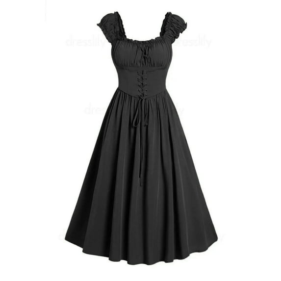Sakmal Women Dresses Knee Length Black A-Line Dresses Short Sleeve Boho Puff Sleeve Dresses for Ladies