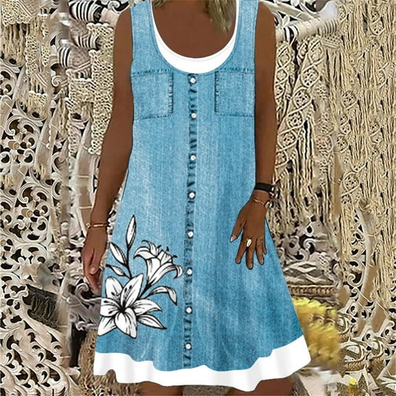 Sakmal Women Dresses Knee Length Shirt Dress Loose Solid with Pocket Denim Sleeveless Skirts for Women Trendy