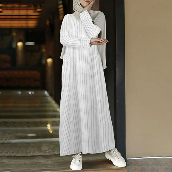 Sakmal Women Dresses Maxi Dresses Cotton and Linen Loose Striped Casual Long Sleeve Dresses for Ladies