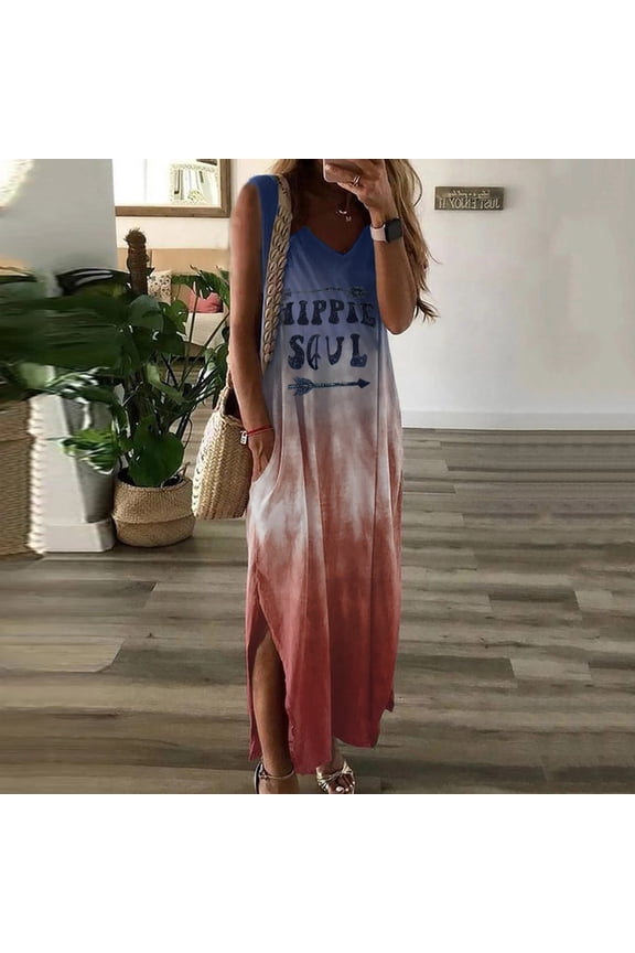 Women Dresses Maxi Shift Dress Loose Gradient Casual Hippie Soul Sleeveless Plus Size Summer Dresses