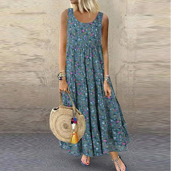 Sakmal Women Dresses Plus Blue Maxi Dresses Sleeveless Boho Oversize Cotton and Linen Tiered Ladies Dresses Plus Size