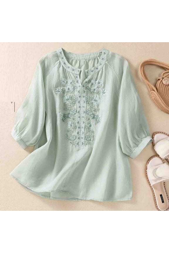 Women Embroidered Shirts Green 3/4 Sleeve Flutter Shirts V-Neck Blouses Womens Tops Dressy Casual