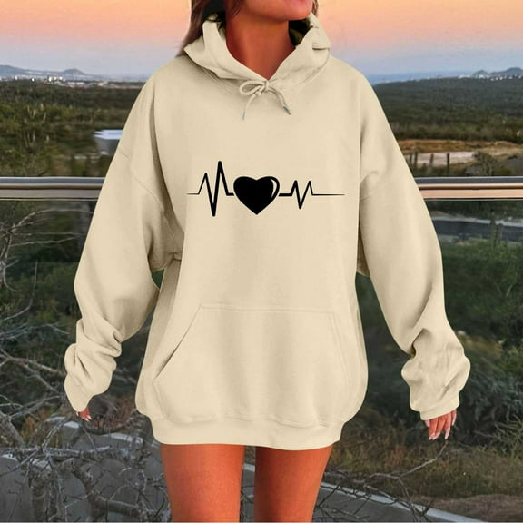Sakmal Women Hooded Sweatshirts Lightweight Beige Sweatshirts Heart Print Soft Hoodies with Pockets
