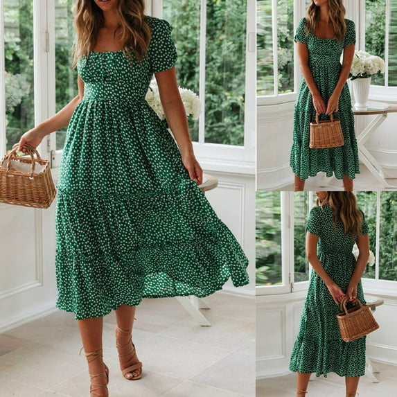 Sakmal Women'S Dresses Long Fit & Flare Dresses Tiered Casual Pleated Boho Short Sleeve Dresses for Ladies