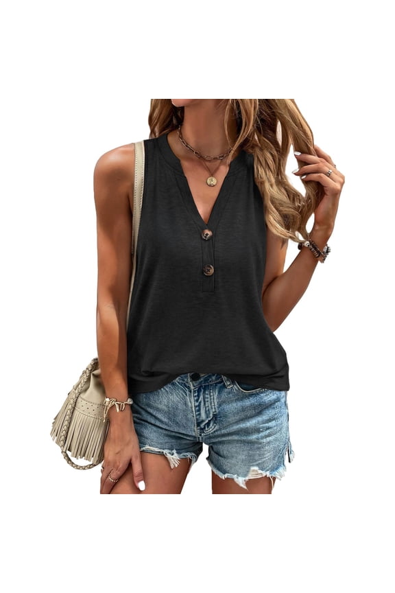 Women'S Tanks & Camis Black Sleeveless V-Neck Lightweight Comfort Fit Solid Tank Tops Casual