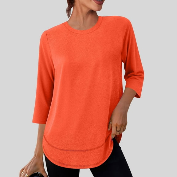 Sakmal Women Shirts Business Casual Orange Plus Size Tops Solid 3/4 Sleeve Crew Neck Shirts for Women