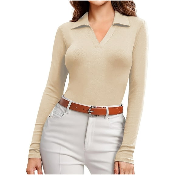 Sakmal Women Shirts Work Beige Workout Tops Collared Long Sleeve Solid Shirts for Women
