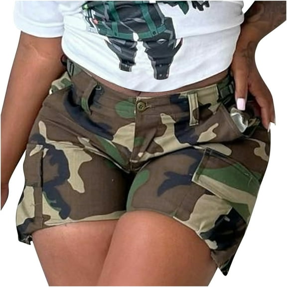 Sakmal Women Shorts Camping Climbing Cargo Green 4 Inch Inseam Camo High Waisted Shorts with Pockets