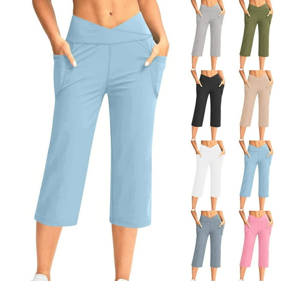 Sakmal Women Shorts Capris Straight Leg High Waisted Beach Vacation Green Solid Ladies Shorts with Pockets