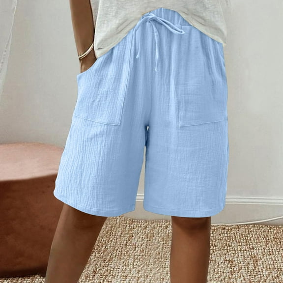Sakmal Women Shorts Drawstring Blue Elastic Bermuda Solid 9" High Waisted Shorts with Pockets