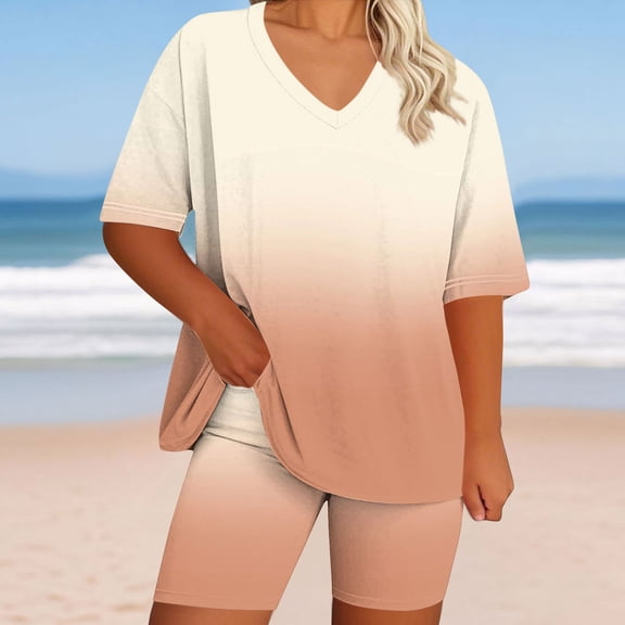 Sakmal Women Shorts Sets Plus Szie High Waisted 2 Piece Outfits Beach Vacation Gradient Beige Womens Shorts with Pockets