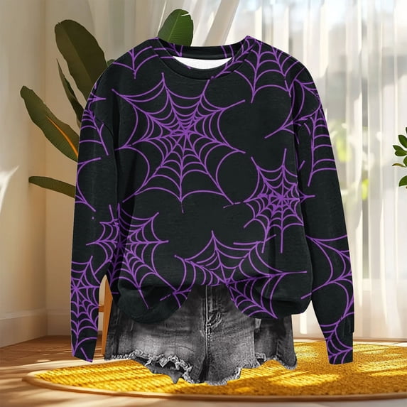 Sakmal Women Sweatshirts Halloween Fall Purple Holiday Sweatshirts Cobweb Casual Fall Fashion Tops