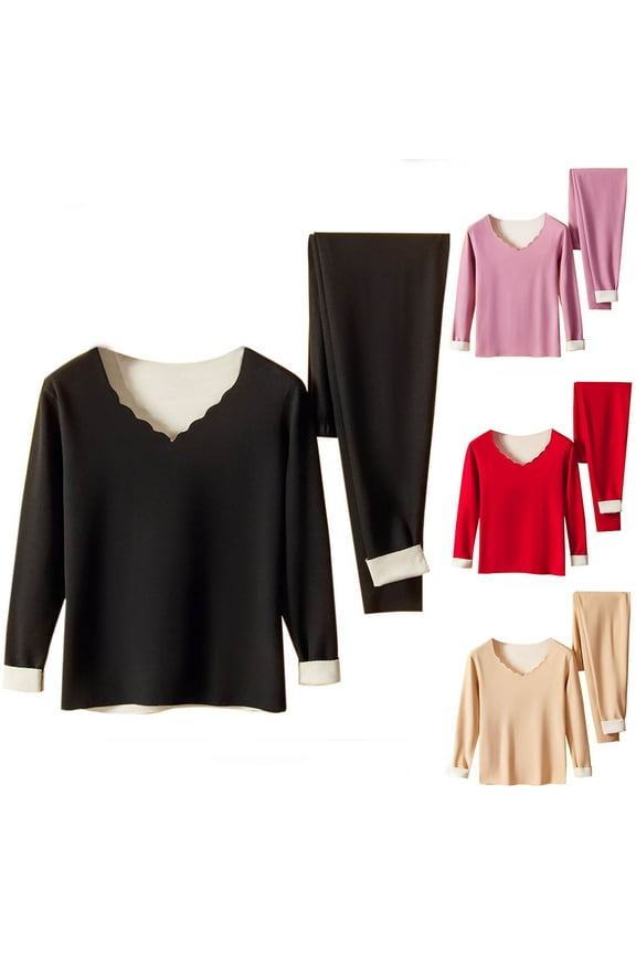 Women Thermal Underwear Set Plus Size Long Johns Top & Bottom Black for Cold Weather Base Layer for Women Sizes M-3XL