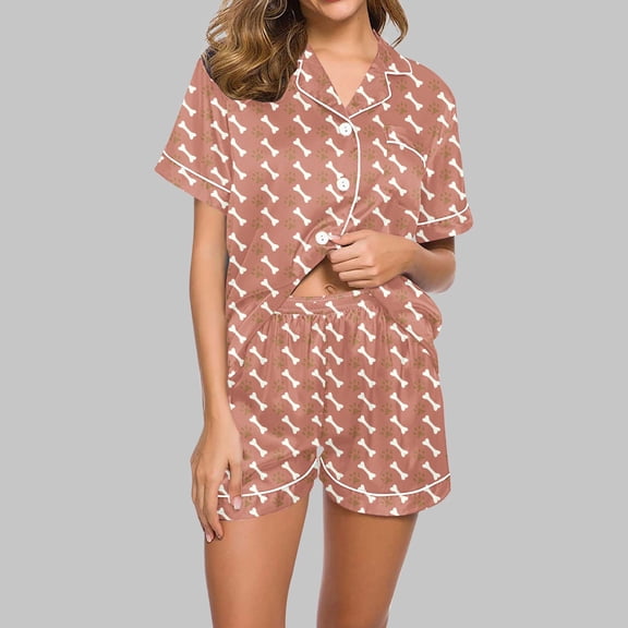 Sakmal Women Valentine's Day Pajama Sets Matching Love Button Up Short Sleeve Shirt with Shorts Nightwear Collared Brown Lounge Set for Women L