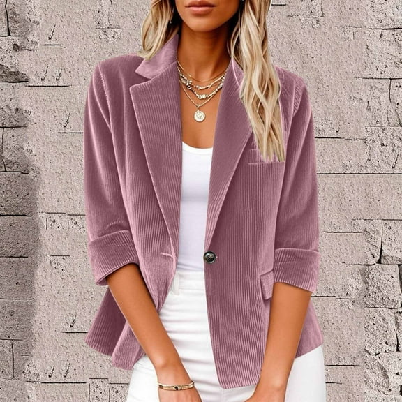 Sakmal Pink Women's Blazer Corduroy Plus Size Cardigan Jacket 3/4 Sleeve Lapel Collar Ladies Blazer L