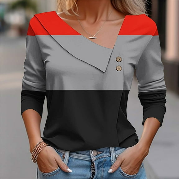 Sakmal Women's Blouses Button Down Work Red Shirts Collared Color Block Long Sleeve Blouses for Women