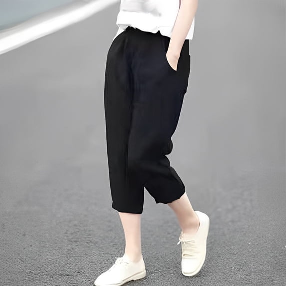 Sakmal Women's Capri Pants Wide Leg Cropped Cotton Linen Pants Beach Vacation Trendy Solid Capris for Women 2XL