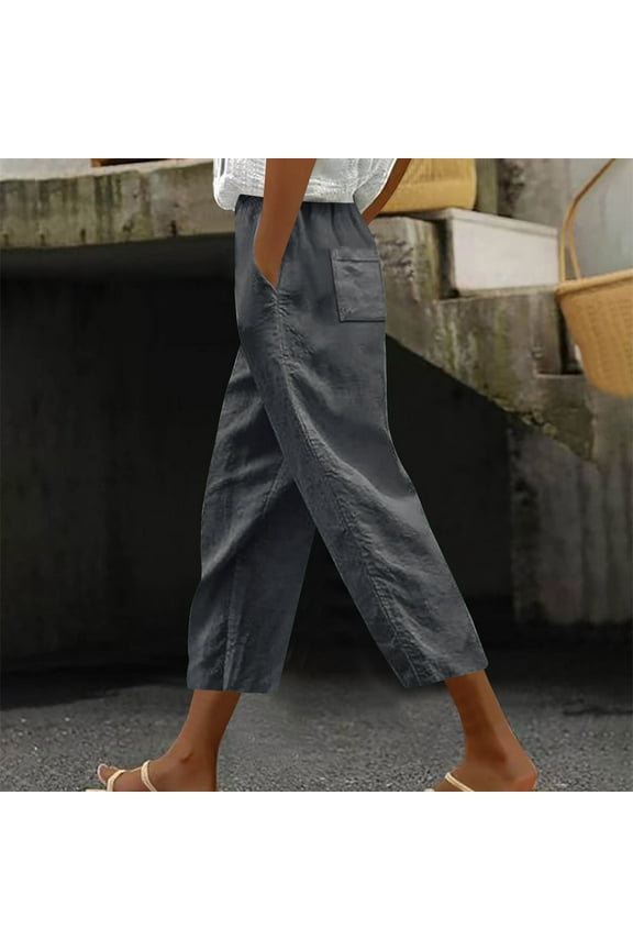 Women's Capri Pants Wide Leg Plus Size Cropped Pants Beach Vacation Lightweight Solid Drawstring Capris for Women 2XL