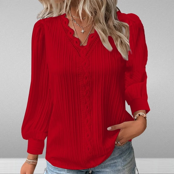 Sakmal Women's Long Sleeve Shirt Puff Solid Red Shirts V-Neck Blouses for Women Dressy Casual