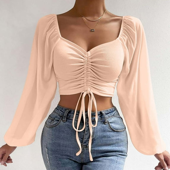 Sakmal Women's Mesh Shirt Long Sleeve Drawstring Flutter Pink Shirts Deep V-Neck Crop Blouses Spring Outfits for Women 2025