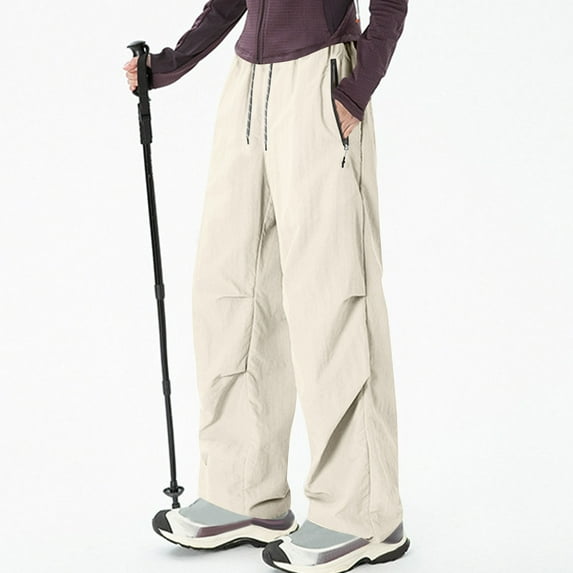 Sakmal Women's Pants Cargo Outdoor Wide Leg Hiking Plain Yellow High Waisted Full Length Pants with Pockets